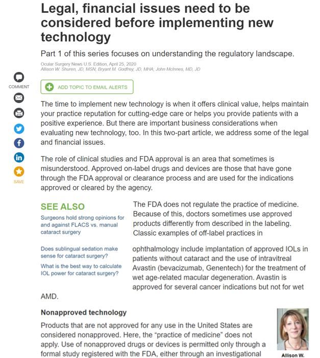 Article: Legal, financial issues need to be considered before implementing new technology (Part 1) by Allison W. Shuren, JD, MSN; Bryant M. Godfrey, JD, MHA; John McInnes, MD, JD.