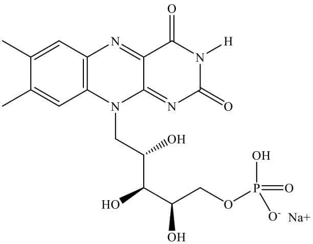Diagram of the molecular structure of riboflavin 5’-phosphate sodium (Vitamin B2)