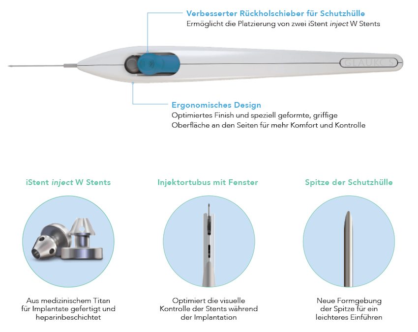The iStent delivery handpiece - the injector system, the iStent inject W stents, and insertion tube with window.
