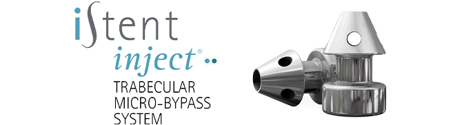 The words iStent inject ® Trabecular Micro-Bypass alongside the iStent Inject device.