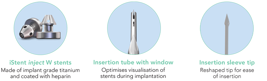 Three close ups: iStent inject W stents, insertion tube with window, and insertion sleeve tip.