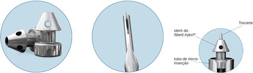 Close ups of the iStent inject W stents and the insertion tube with window.