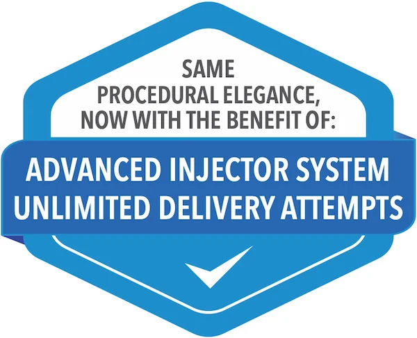 Same procedural elegance, now with the benefit of advanced injector system unlimited delivery attempts